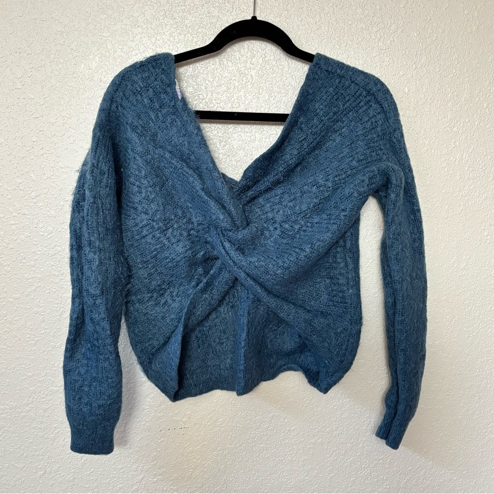 Blue Rain Teal Blue Fuzzy Knit Knotted Open Back Cropped Sweater Small